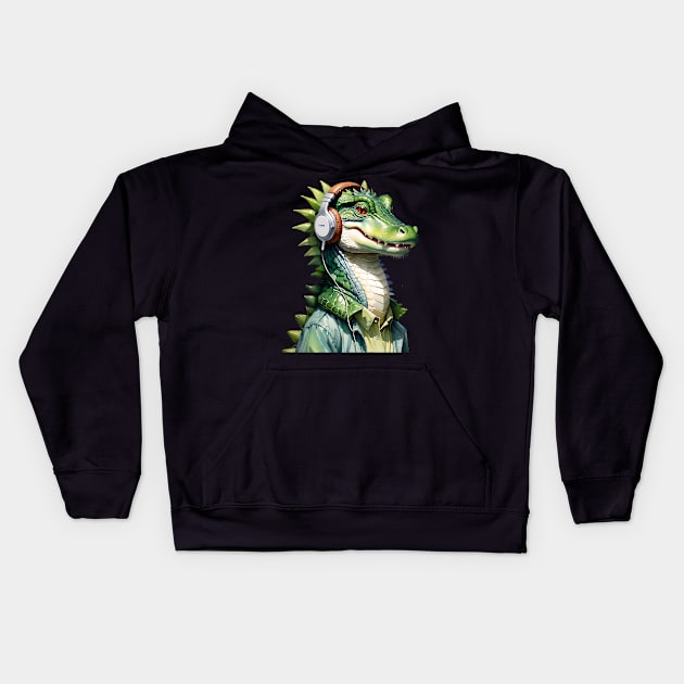 Alligator Earphones Kids Hoodie by Carpede